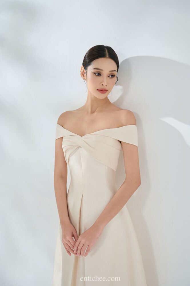 CERISE LOW SHOULDER MIDI DRESS